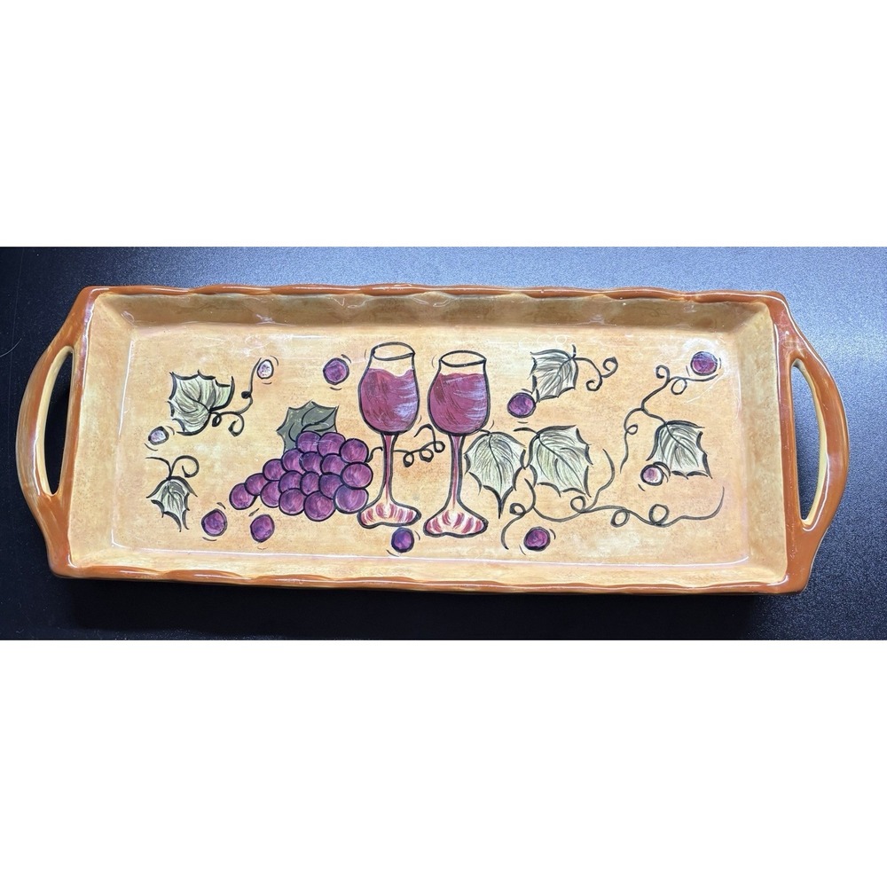 Centrum Salud Serving Tray Handpainted Wine and Grapes Scalloped Edge 16x6in 90s